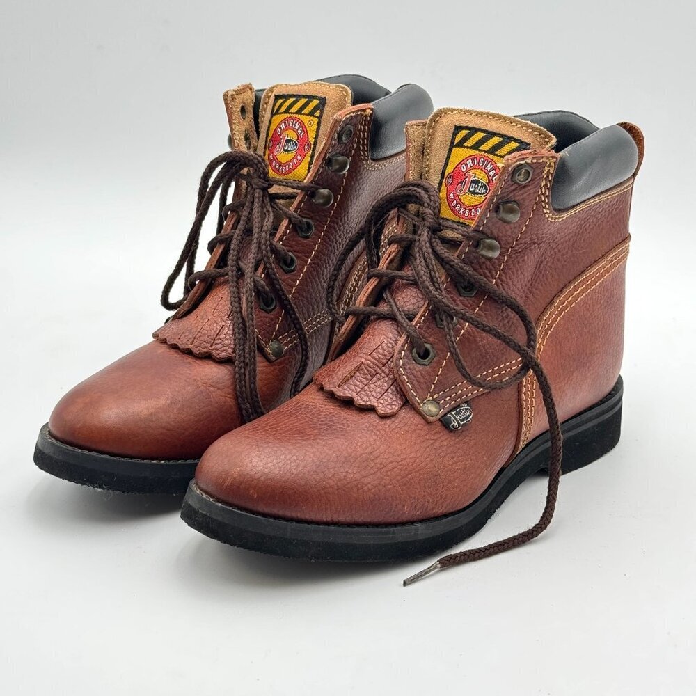 Vintage Justin Brown Leather Kiltie Lace-Up Boots Workwear Western Y2K Y4.5/W6.5